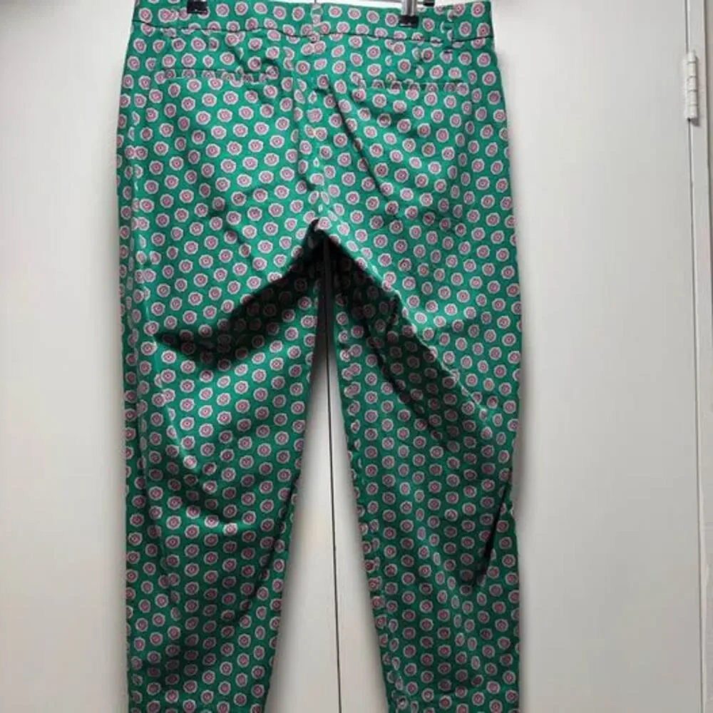 J.Crew Stretch Green Purple Medallion Print Pants Size 4 Cotton Ankle